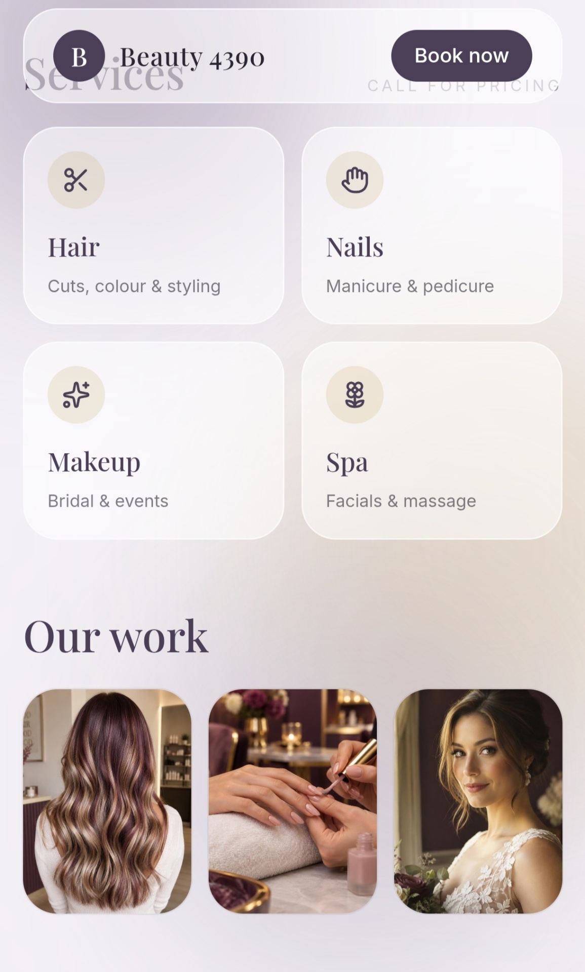Beauty salon website example shown on a phone
